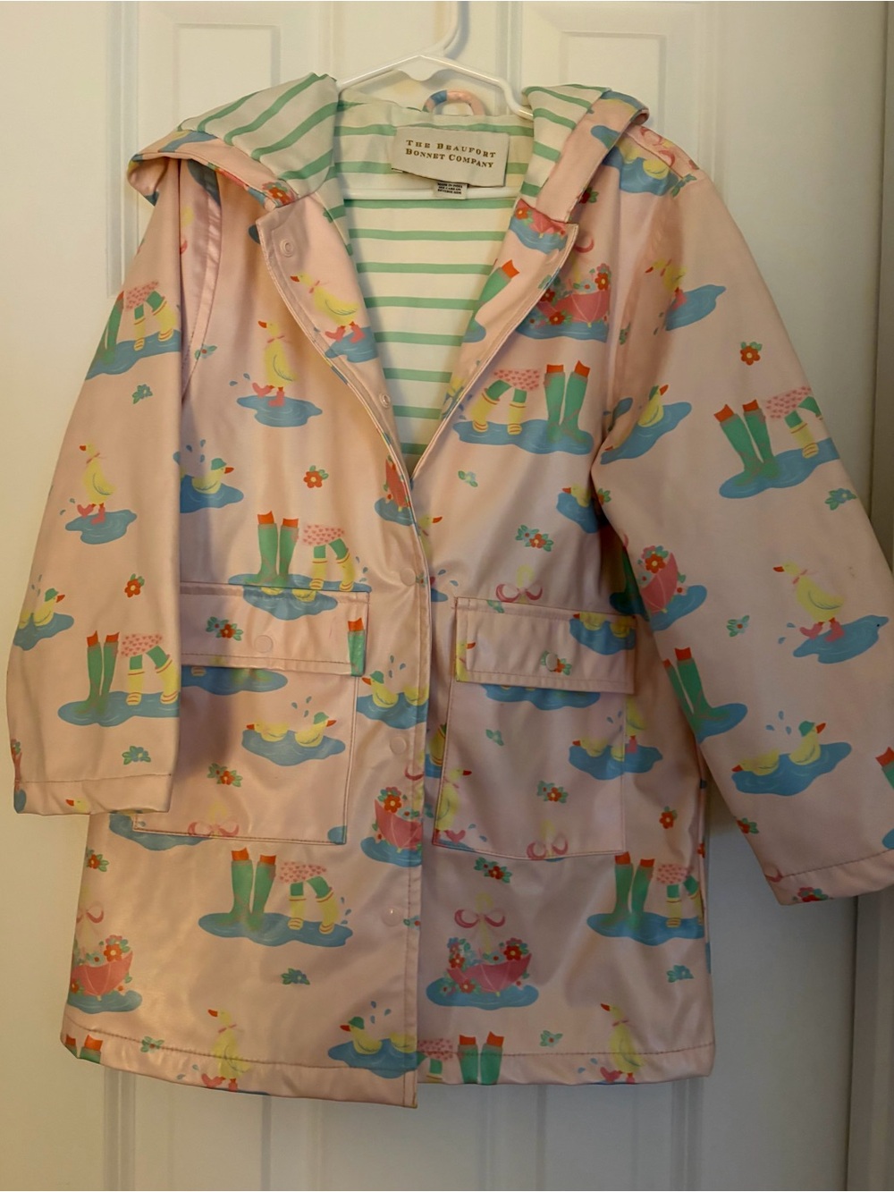 The Beaufort Bonnet Company Pastel Pink Raincoat with Mint Stripe Lining